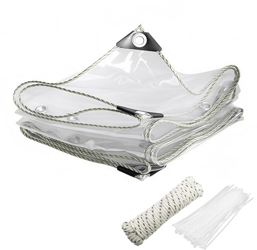 TIHOOK Plane Transparent mit Ösen 2x2m 450g/m² PVC Transparent Abdeckplane | 20 Kabelbindern, 10m Befestigungsseil, Regenschutz Windschutz Wasserdicht Gewebeplane für Terrassen Außenbereich