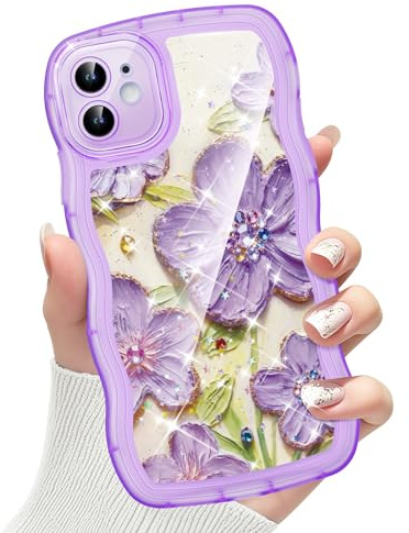 CASBST Compatible with iPhone 12 Case for Women, Cute Curly Wave Frame with Bling Glitter Butterfly Pattern, Full Camera Protection, Slim TPU Aesthetic Clear Phone Case for iPhone 12, Purple Flower