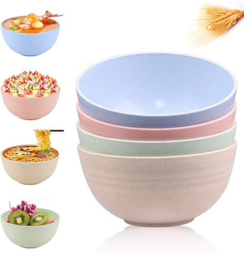 Cankypu 4-teiliges Weizenstroh-Schälenset mikrowellen- und spülmaschinenfest unzerbrechliche leichte Schalen für Müsli Salat Suppe umweltfreundliches Küchenzubehör