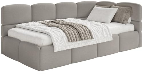 Selsey Jugendbett 120x200cm Hellbraun Chenille Stoff mit Stauraum und Lattenrost, Polsterbett mit Bettkasten, gepolstertes Kinderbett 120x200, Jugendbett rechtsseitig mit Eckkopfteil