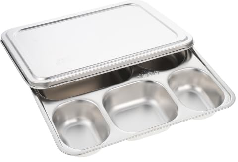 SKISUNO Assiette Compartimentée Plateau-repas Pratique et Solide 5 Sections en Acier Inoxydable avec Couvercle pour Pique-niques et Camping, Usage Garçon et Filles et Réutilisable