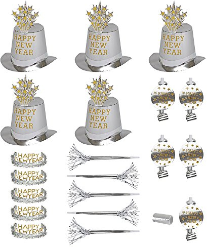 W WIDMANN MILANO Party Fashion - Party-Set Happy New Year, Set aus 5 Partyhüten, 5 Kronen, 5 Partytrompeten, 5 Tröten und 1 Pack Luftschlangen
