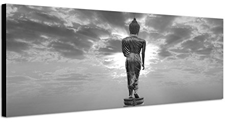 Augenblicke Wandbilder Keilrahmenbild Panoramabild SCHWARZ/Weiss 150x50cm Thailand Buddha Statue Sonnenaufgang
