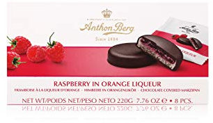 Pasta de mazapán con relleno y revestimiento de chocolate Anton Berg – frambuesa en naranja (8 unidades/220 g) Especialidad danesa