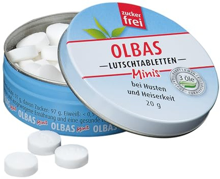 Olbas - Minis Lutschtabletten zuckerfrei - bei Husten und Heiserkeit - 3 Öle (Pfefferminz, Cajeput, Eukalyptus) - 1x 20g Dose