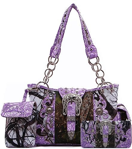 Western-Stil Camouflage versteckte börse Schnalle Country Nieten Damen Handtasche Schultertasche börse Set, Violett (Set/Violett), Large