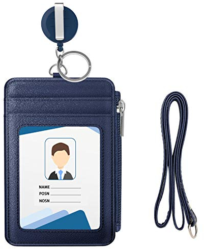 MoKo Ausweishülle, PU Leder Kartenhalter Ausweishalter mit Reißverschluss, Geldbeutel mit Kartenfächer Ausziehbar Ansteckerclip Schlüsselring für Büroausweis, Schulausweis, Führerschein - Marineblau