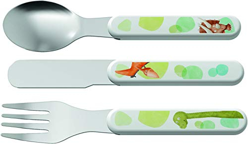 HABA 305136 - Besteck Dinos, Kinderbesteck aus Edelstahl mit ABS-Griffen, 3-teiliges Set aus Gabel, Messer und Löffel, für die Spülmaschine
