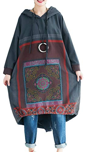 FTCayanz Robe Femme à Capuche Ample Imprimée Pullover Longue Sweats Élégante Hoodie Midi Robes Style-1 Gris