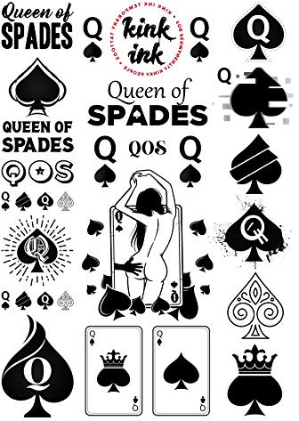 Kink Ink - 23 x Queen of Spades Temporary Tattoo Kinky Black Lettering A4 Sheet