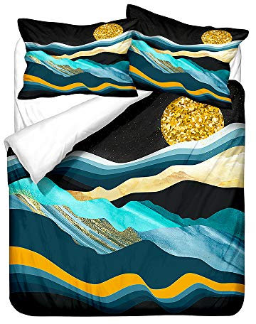 Hiser Bettwäsche-Set 3 Teilig - Marmor Berg Mond Bedrucktes Bettwäsche Set - Mikrofaser Bettbezug und Kissenbezug - Erwachsene Kinder Bettwäsche-Set (Türkis,135x200cm)