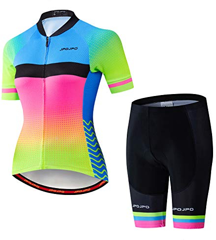 Damen-Fahrradtrikot-Set, kurzärmelig + 5D-gepolsterte Fahrradhose, schnelltrocknend, reflektierend, 3 Taschen, S-3XL, Jp2018, L
