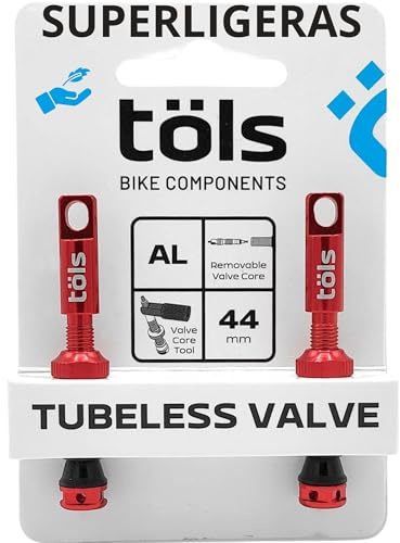 TÖLS Tubeless MTB Ventil 44 mm | Obus Presta Ventil ohne Kamera, Reparaturset für Reifenpannen | MTB Werkzeug für Fahrradreifen | dünne Fahrradkappen, rot