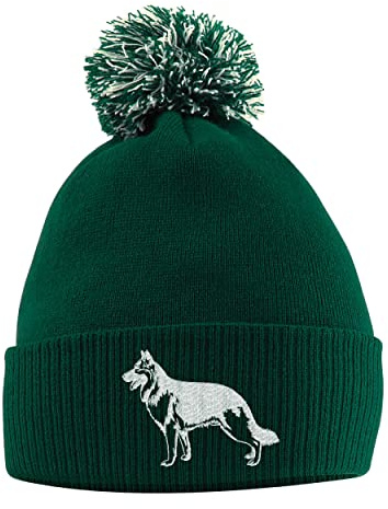 Purple Print House Deutscher Schäferhund Bommelmütze,Deutscher Schäferhund Beanie Mütze mit Bommel, flaschengrün, Einheitsgröße