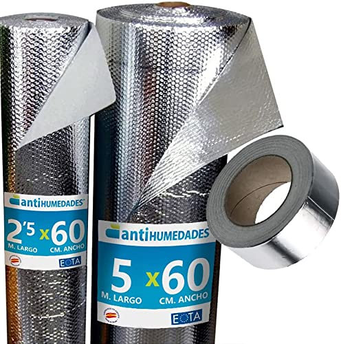 Aislante Térmico Reflexivo de Aluminio (2,5 x 0,6 m) + Cinta Aluminio (10m) - Aislamiento de cajas de persianas, radiadores, paredes, techos, caravanas, campers, garajes