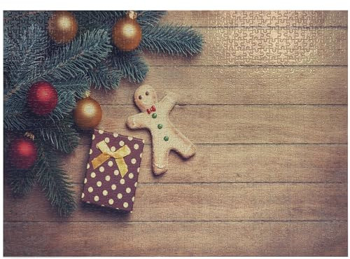 ABAKUHAUS Gingerbread Man Jigsaw Puzzle, Pine Branches Delicious Cookie and Present on Wood Planks, Heirloom-Quality Fun Activity for Family Durable Cardboard, 1000 pcs, Hunter Green Pale Brown