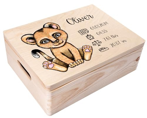 Creative Deco Erinnerungsbox Baby Personalisiert mit Namen - Löwen | 40 x 30 x 14 cm | Individuelle Erinnerungskiste Geschenk zur Geburt für Mädchen und Jungen | Holzkiste mit Deckel | Farbdruck