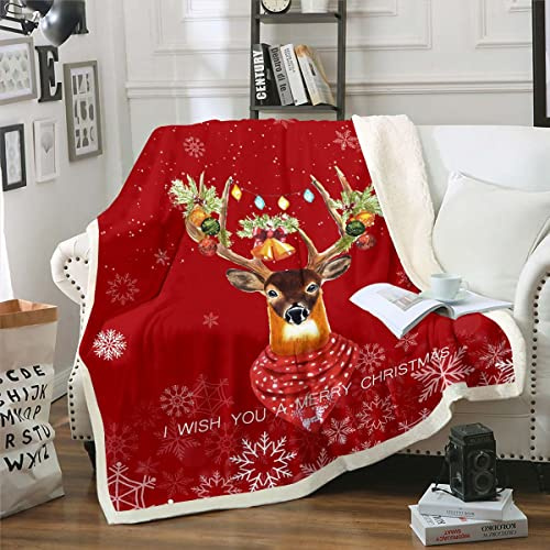 Homewish Weihnachten Hirsch Fleece Decke 130x150 - Rentier Fuzzy Sherpa Decke Mit Roter Schneeflocke Urlaub Schlafzimmer Dekor, Weiche Leichte Neujahr Wohnkultur