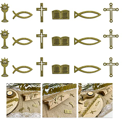 Oblique Unique Tischdeko Set 18 teilig Holz Kreuze Fische Bücher UVM. Echtholz Streuartikel Streudeko für Taufe Kommunion Konfirmation Firmung Taufdeko (Gold)