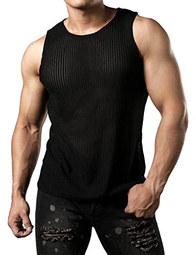 JOGAL Herren Mesh Fitted Sleeveless Muscle Tank Top Schwarz X-Large