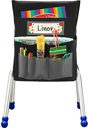 AUVCAS Black Chair Back Pocket School Seat Chair Storage Pocket Organizer with Label Slot Multiple Pockets for School Home Classroom Preschool Daycare