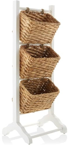 Casafield 3-stöckiger Bodenständer mit Aufbewahrungskörben aus Wasserhyazinthe, Weiß/Natur – Stehender Organizer Rack für Badezimmer, Küche, Wäsche, Wohnzimmer