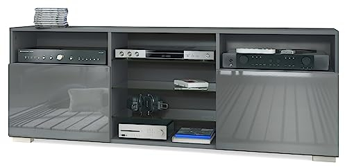 Vladon TV-Board Granada, Lowboard mit 2 Türen und 6 offenen Fächern, Korpus Anthrazit matt, Fronten in Grau Hochglanz (146 x 54 x 35 cm)