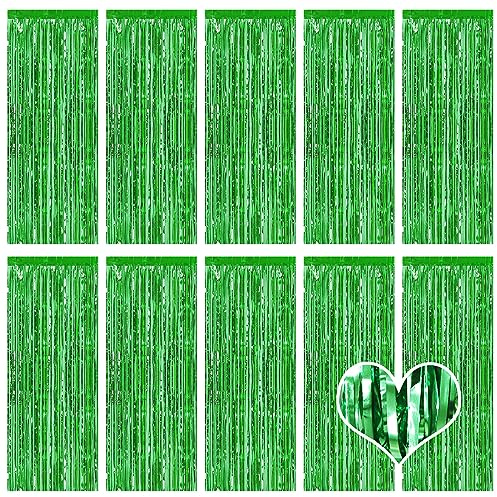 10 Pack Green Foil Fringe Curtain Backdrop, 3.2ft x 8.2ft Metallic Tinsel Foil Fringe Curtains, Tinsel Backdrop Streamers for Birthday Party Decoration, Wedding, Christmas (Green)