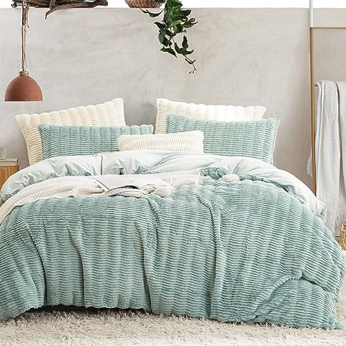 Lanqinglv Plüsch Bettwäsche 135x200 4 Teilig Hellblau Blau Flauschig Langhaar Kunstfell Winterbettwäsche Warm Flanell Fleece Cashmere Touch 2 Bettbezug mit Reißverschluss und 2 Kissenbezug 80x80cm