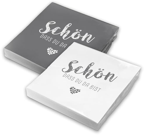 itenga Servietten Schön dass du da bist 30 x 30cm 3-lagig 40 Stück für Kommunion Konfirmation Hochzeit Taufe und andere Feiern (MixPack - 20x Grau und 20x Weiß)