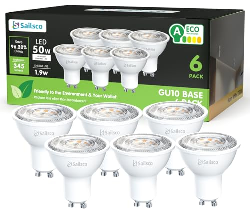 sailsco Classe A Lampadine GU10 LED Spot,1.9W (Equivalenti a 50W),345 Lumen,2700K Bianco Caldo,Risparmio Energetico LED GU10,Lunga Durata,Basso Consumo,36° Angolo del Fascio,Non Dimmerabile,6 Pezzi