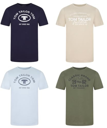 TOM TAILOR Tshirt Herren Baumwolle Regular Fit 4er Pack Set Rundhals Kurzarm Sommer Tee Shirt Logoprint 100% Baumwolle, Größe:M, Farbe:Gravel Beige (10461)