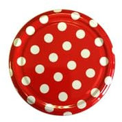 10 X JAM JAR CAP LIDS TWIST OFF/ 82mm. IDEAL FOR ANY TYPE OF PRESERVES,HONEY,JAM,MARMALADE,CHYTNEYS,THE LIDS ARE ACID PROOF, (Pattern Dots Red)