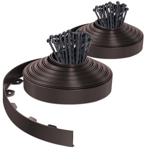 VOUNOT® Bordure de Jardin en Plastique 40 mètres avec 80 Piquets d'ancrage Bordurette de Pelouse Flexible Bordure de Gazon avec piquets Solides Idée de Jardin Hauteur 50mm Marron