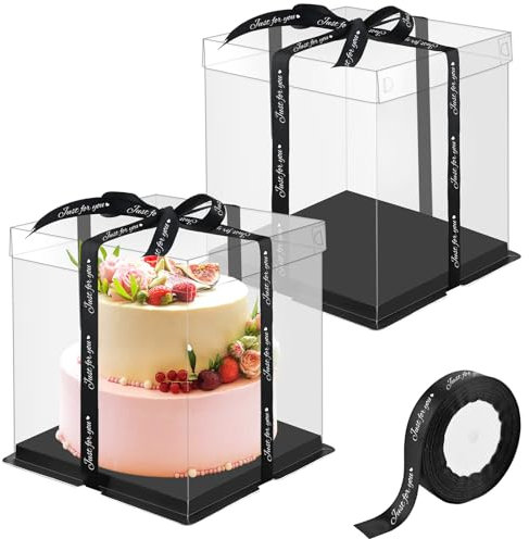 2er-Pack Transparente Tortenboxen 30 x 30 x 25 cm - Geschenkbox Mit Basis und Band für Geburtstag Dessert (10 Zoll, Schwarz)