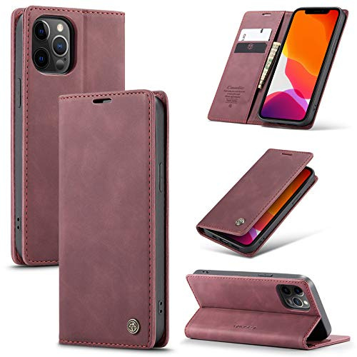 owlhold hülle iPhone 12 Pro Max klapphülle Premium Lederhülle Weiches Vintage-Nubukleder Faltbare Ständer Schutzhülle Kartenfach Standfunktion stoßfest Handyhülle iPhone 12 Pro Max -Weinrot