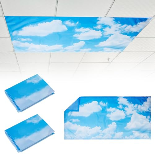 NICENEEDED 2Pcs 49 x 25 Inch Magnetic Fluorescent Light Covers, Polyester Fluorescent Light Filters Sky Clouds Light Cover, Fluorescent Light Shade Panel for Office Home Ceiling Light