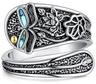 DAYLINLOVE Libelle Löffel Ring 925 Sterling Silber lotus Türkis Verstellbarer Daumen Offener Ring Türkis Schmuck Geschenk für Damen Mädchen Frauen Mutter Libelle lotus Liebhaberin