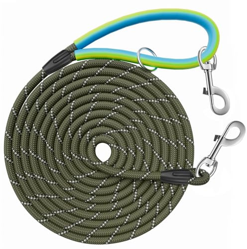 Aystkniet Reflective Training Leads for Dogs, 5M / 10M / 15M / 20M / 30M Long Line Dog Lead with Double Clip and Soft Rubber Handle, Strong Recall Training Leash for Small Medium and Large Dogs