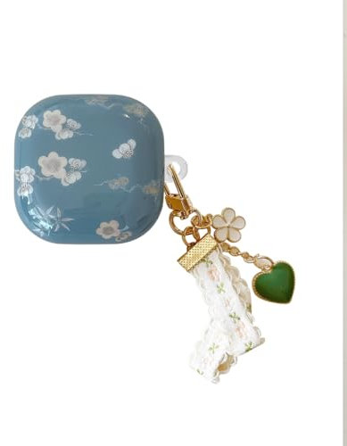 PLXBYC Cute Earbuds Case for Samsung Galaxy Buds FE/Buds 2 pro/Buds 2/Buds Live/Buds pro,Fashion Flower Oil Painting Protection Cover with Keychain for Girls (Green)