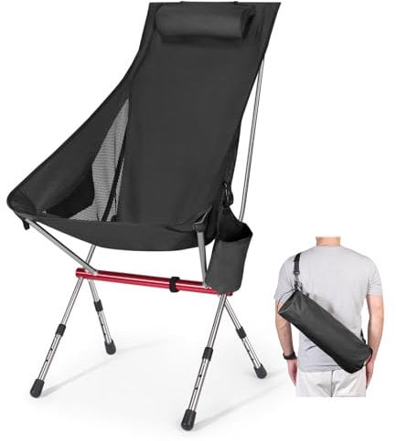 OKYUK New Foldable Camping Chair-High Back Support, 2 Storage Pouches, Adjustable Height, Lightweight Carry Bag – Perfect for Outdoor Adventures, Hiking, Beach Lounging, and Fishing Trips(Black)