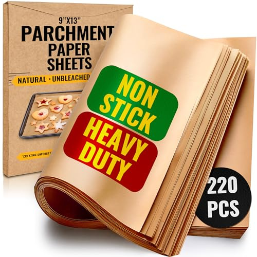 Baker's Signature 220 Pcs 9x13 Inch Unbleached Parchment Paper Sheets - Non-Stick, Eco-Friendly, Will Not Curl or Burn