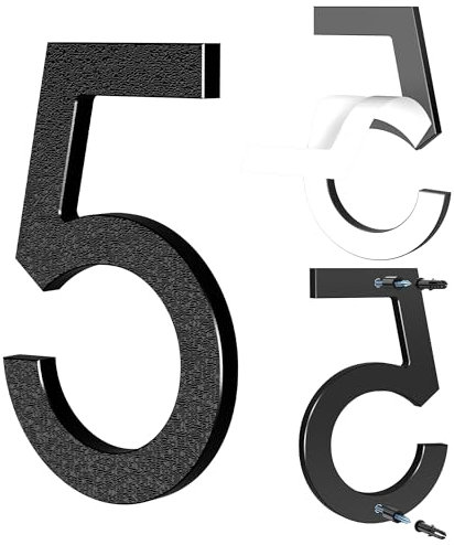 Yafimea Numero civico esterno 15 cm nero, Numeri civici adesivi o a vite, effetto galleggiante 3D, plastica resistente per parete o cancello (5)