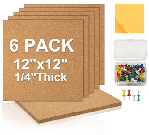 Yocdunm Lot de 6 panneaux d'affichage autocollants en liège - 6 mm d'épaisseur - Carreaux carrés en liège - 30 x 30 cm - Avec 50 punaises et 100 notes adhésives - Fournitures d'affichage pour la