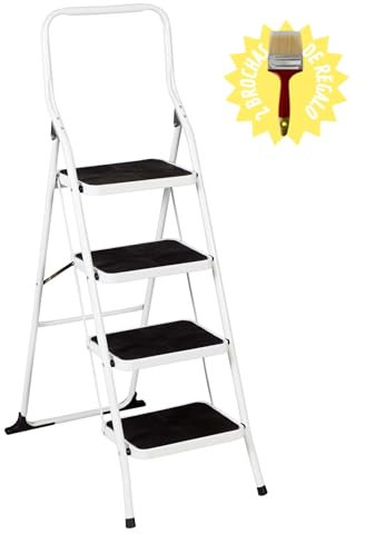 HR Hogar - Escalera Plegable de Acero 4 Peldaños Extra Anchos - Fabricado en Europa - 2 Brochas de Regalo | Seguridad Mejorada, Antideslizante, Robusta, Fácil Almacenamiento