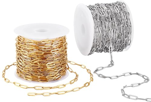 PH PandaHall 10m x 3mm Catene a Graffetta in Acciaio Inossidabile Placcato in Oro 18K Catena Argentata Dorata per Borse Creazione di Gioielli Collane Bracciali per Lavori Fai Da Te, 2 Rotoli