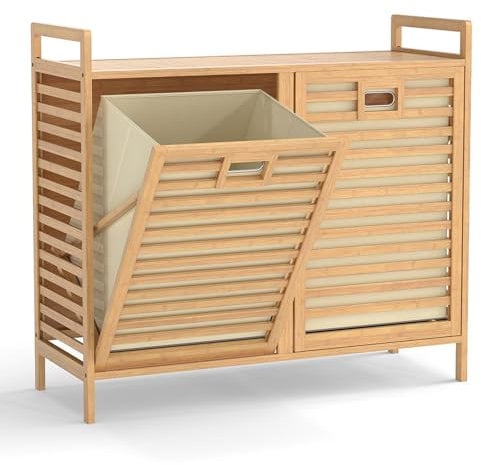 RELAX4LIFE Bamboo Laundry Hamper, 75L Double Tilt-out Laundry Basket with Top Shelf and 2 Pull-out Removable Bags, Freestanding Dirty Clothes Sorter Washing Bin Organiser Unit for Bathroom Bedroom