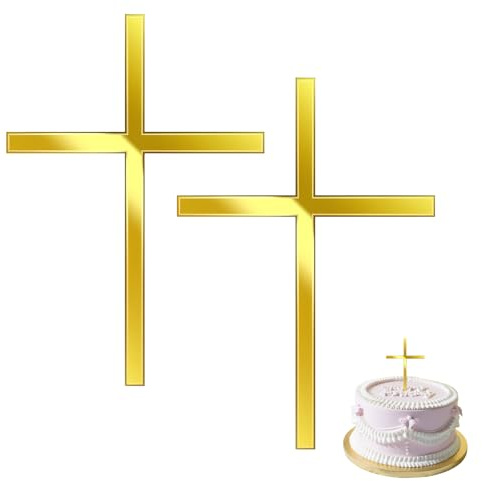 KLINNA 2 Stück Kreuz Tortendeko in Gold Acryl für Taufe & Kommunion – Elegantes Spiegel Kuchen Dekoration Set für Firmung, Hochzeit und Geburtstag Party, passend für Mädchen & Junge (Fein)