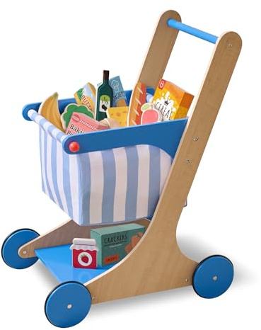 Teamson Kids Chariot de Courses Jouet en Bois pour Enfant avec Accessoires Panier Tissu Roues silencieuses et poignée Ergonomique pour Jeu éducatif