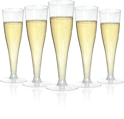 Goodluck 50 Pack Silver Glitter Plastic Champagne Flutes,130ml/4.5oz Reusable Plastic Prosecco Glasses, Champagne Glasses for Weddings, Birthdays, Christmas, BBQ, Garden Parties